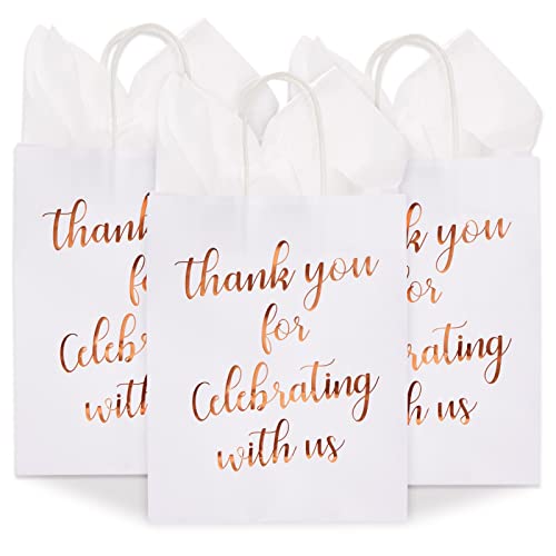 Sparkle and Bash Wedding Welcome Bags Rose Gold - 15-Pack Medium 10x8x4 in Rose Gold Foil Paper with Handles - Bridal Shower Thank You Gift Bag With Tissue Paper & Party Favor - color: White, Rose Gold