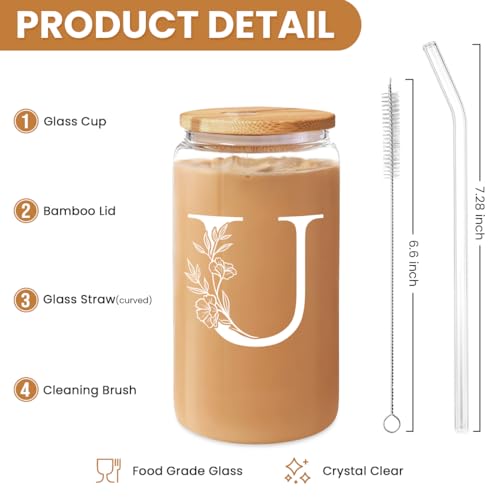 SANDJEST Monogrammed Gifts for Women - Monogram U Initial Glass Cup 16 Oz Can Coffee Cups with Lid and Straw - Monogram Initials Gifts for Womens on Birthday - color: Initial U
