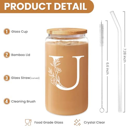 SANDJEST Monogrammed Gifts for Women - Monogram U Initial Glass Cup 16 Oz Can Coffee Cups with Lid and Straw - Monogram Initials Gifts for Womens on Birthday - color: Initial U