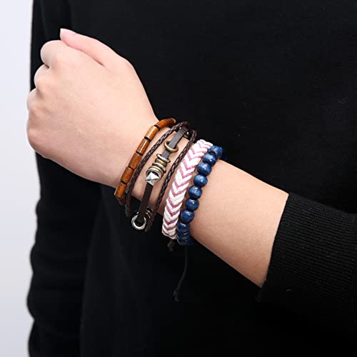 HZMAN Handmade Hemp Cords Wood Beads Leather Bracelets for Men Women - style: Hand-made 4 MIX