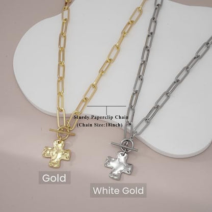 Chunky Cross Necklace for Women, 14K Gold Silver Pendant Necklace - color: Gold-Toggle-0.8 inch pendant