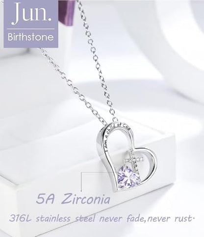 Birthstone Cross Necklace for Girls, Child of God Cross Gifts Jewelry - color: 06. June, style: 01. Silver