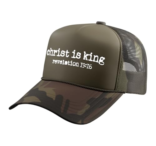 Jesus Christ is King Worship Bible Verse Christian Faith Trucker Hat with Adjustable Mesh Back - color: Camo Green