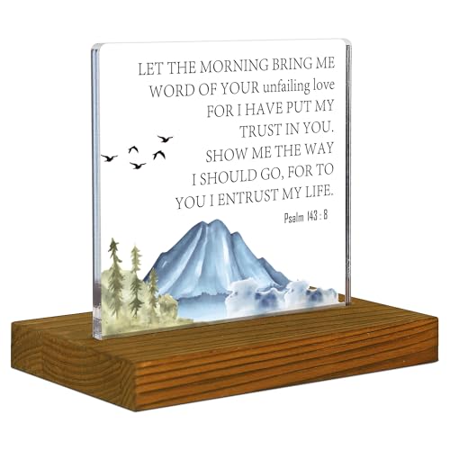 Psalm 143:8 Sign, Let The Morning Bring Me Word Of Your Unfailing Love, Bible Verse Sign, Christian Quote Plaque Scripture, Acrylic Desk Decor Sign with Wood Stand - FSA080 - style: Psalm 143:8