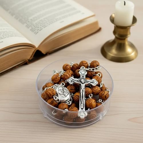 Nazareth Store Natural Olive Wood Rosary Beads Hand Carved Five Decade Catholic Rosary with Jerusalem Holy Soil Medal and Cross Terra Santa Rosaries