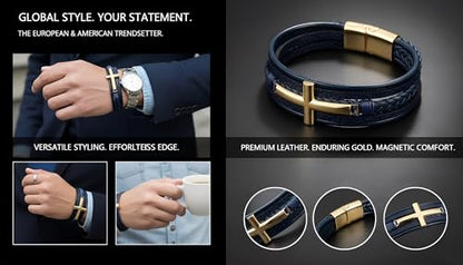 Stainless Steel Braided Leather Bracelet for Men Cuff Bangle Cross - color: Blue&Gold
