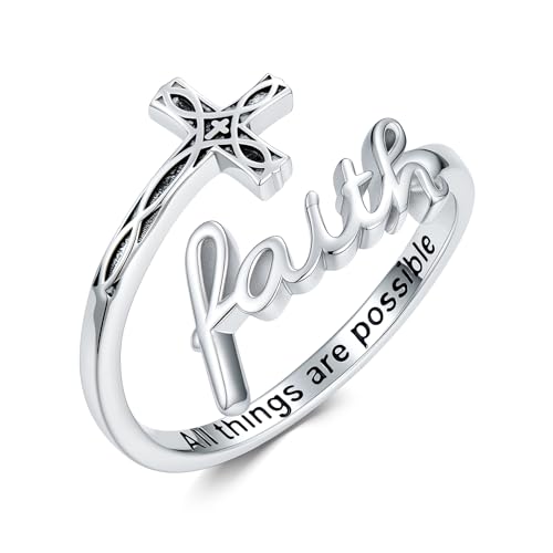 Cross Rings Faith Ring 925 Sterling Silver Adjustable Cross Wrap Ring Christian Fashion Band for Women - color: C-White Gold