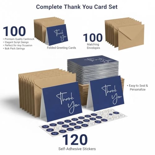 XXINMOH 100 Pack Thank You Cards With Envelopes Bulk Set & Stickers - 4x6 inch Blank Thank You Notes Bulk Box Set - Large Note Card Small Business, Wedding, Baby Shower & Bridal Shower - Navy Blue - color: Navy Blue