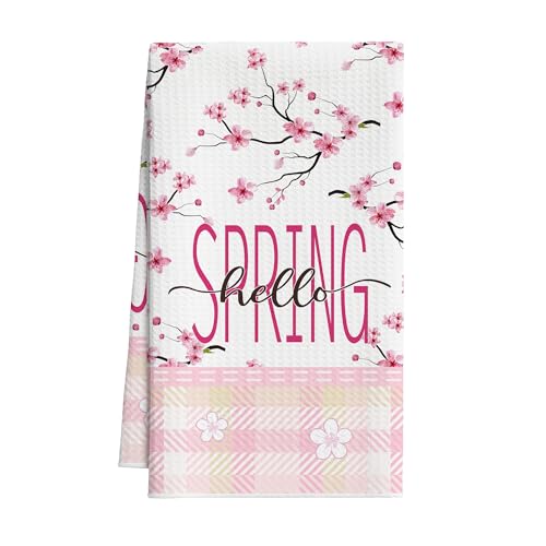 Cherry Blossoms Kitchen Towels, Hello Spring Dish Towel For Kitchen Bathroom, Pink Plaid Floral Decorative Hand Towels, Cherry Branches Fast Drying Tea Towel, Spring Gifts Sweet Home Decor-S02 - color: Pink Cherry Blossoms