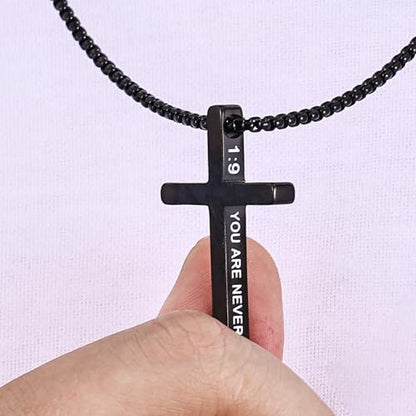 Fiusem Cross Necklace for Men, Stainless Steel Cross Pendant STXL023 - color: Black, size: 22", style: JOSHUA 1:9