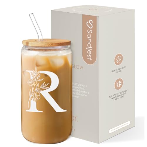 SANDJEST Monogrammed Gifts for Women - Monogram R Initial Glass Cup 16 Oz Can Coffee Cups with Lid and Straw - Monogram Initials Gifts for Womens on Birthday - color: Initial R