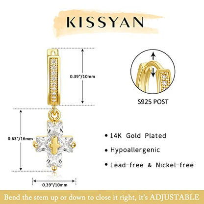 KissYan 14K Gold Plated Huggie Earrings for Women, S925 Sterling Silver Small CZ Cross Hoop Dangle Drop Earrings, Hypoallergenic Dainty Handmade Jewelry - style: Baguette Cross