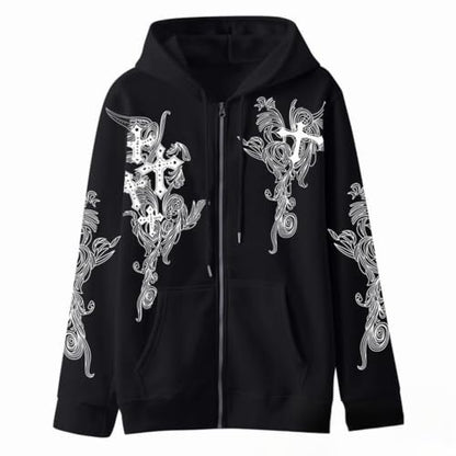 Zip Up Oversized Hoodies Women Men, Graphic Gothic Jackets Cross Hoodie, Baggy Streetwear Fleece Sweater Unisex - color: Black, size: X-Large