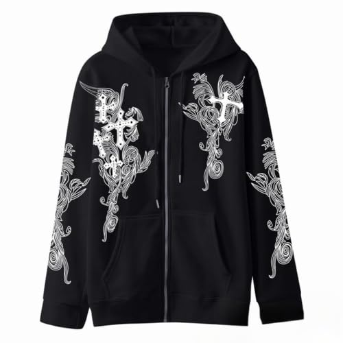 Zip Up Oversized Hoodies Women Men, Graphic Gothic Jackets Cross Hoodie, Baggy Streetwear Fleece Sweater Unisex - color: Black, size: XX-Large