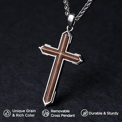 NORBU Wooden Cross Necklace for Men, Black Natural Wood Cross Pendant