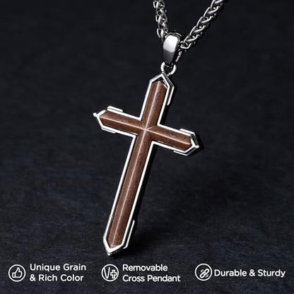 NORBU Wooden Cross Necklace for Men, Black Natural Wood Cross Pendant