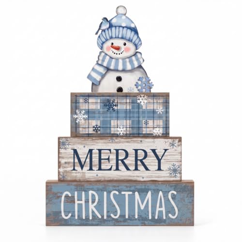 Lineshading 4 Pcs Christmas Table Decor, Blue Snowman Wooden Block Signs - style: Blue Snowman