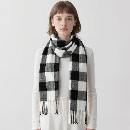 Loritta Winter Scarf for Women, Long Plaid Shawl Wraps Scarves Gifts - color: U-black White Gray Lattice