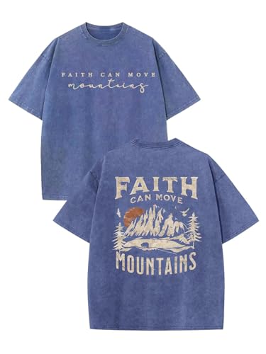 Men's Graphic Shirt Faith Can Move Mountains Shirt Oversized Camping Hiking Tees Acid Wash Casual T-Shirt - color: A Blue, size: Medium