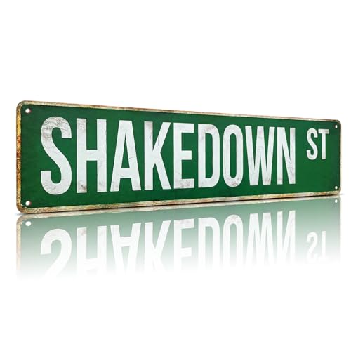 Shakedown St Metal Street Sign - Vintage Green Road Sign Wall Decor - Retro Aluminum Plaque for Music Room, Man Cave, Garage, Bar - Novelty 70s Hippie & Classic Rock Themed Gift - color: SHAKEDOWN