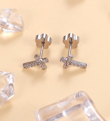 14K Gold Plated Small Stud Earrings for Girls Women Hypoallergenic Surgical Steel Cartilage Flat Back Stud Earrings CZ Cross Dot Bar Heart Handmade Screw Back Earrings Studs - color: Silver, style: Cross