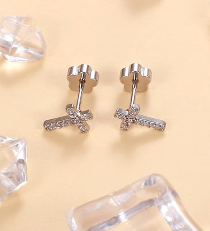 14K Gold Plated Small Stud Earrings for Girls Women Hypoallergenic Surgical Steel Cartilage Flat Back Stud Earrings CZ Cross Dot Bar Heart Handmade Screw Back Earrings Studs - color: Silver, style: Cross