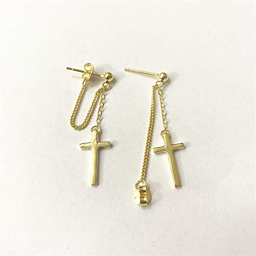 Cross Dangle Drop Earrings 925 Sterling Silver Chain Dropping for Women Girls Punk Ball Studs Hypoallergenic Jewelry - style: Gold Plated