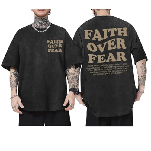 Christian Shirts for Men Faith Over Fear Oversized Tees - color: Black, size: Medium