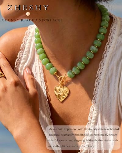ZHESHY Chunky Beaded Necklaces for Women Heart Cross Statement Necklace - color: Green 3
