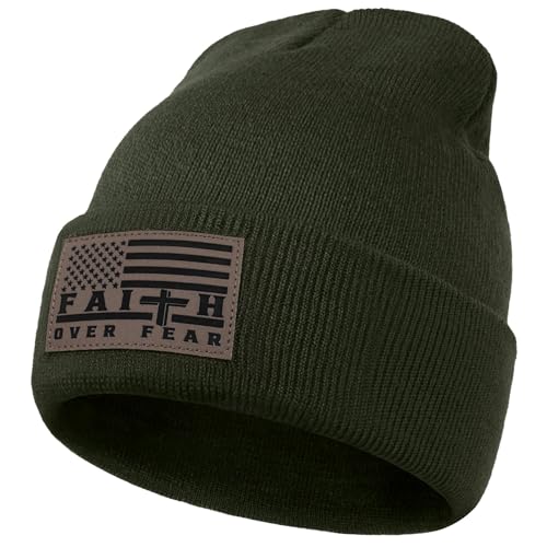 Christian Cross Beanie Hats for Men Women, Faith Winter Cuffed Hats, Religious Gifts for Thanksgiving Christmas New Years - color: Dark Green, style: Faith Over Fear