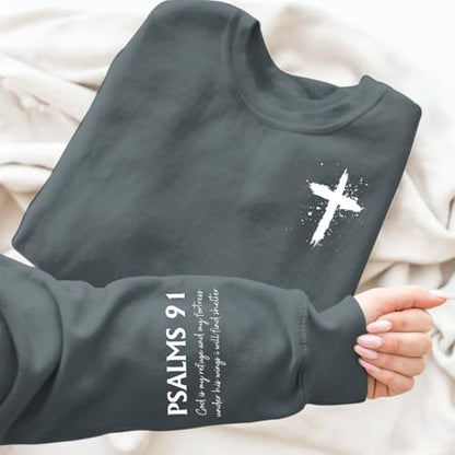 Women Christian Sweatshirt Psalms 91 Jesus Hoodie Religious Faith God Shirt Bible Verse Inspirational Pullover Tops - color: Deep Gray, size: Large