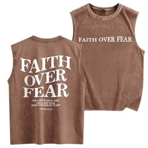 Mens Christian Sleeveless Shirts Faith Over Fear Graphic Tank Tops Gym Workout Acid Wash Tanks Cut Off Muscle Shirt - color: Coffee, size: Small