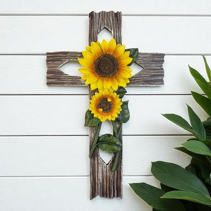 Top Brass Rustic Sunflower Wall Cross – 12” Inspirational Christian Home Décor with Sunflowers & Weathered Wood-Look Finish – Decorative Resin Garden Art