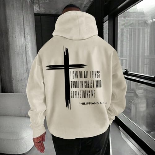 Tuislay Mens I Can Do All Things Through Christ Hoodies Christian Jesus Hoodie Religious Cross Sweatshirt Faith Pullover Tops - color: Apricot, size: Medium