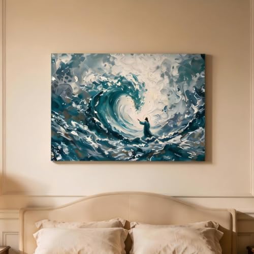 Stretched Canvas Wall Art with Wood Inner Frame,3D textured wall art，Jesus Walking on Water Ocean Wall Decor, Christian Faith Inspirational Religious Print, Abstract Wave Artwork Ready to Hang for Living Room Bedroom Prayer Room - color: Walking on Water,