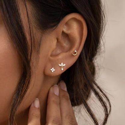 Flat Back Earrings - 14K Gold Plated Tiny CZ Butterfly Cross Moon Flat Back Stud Earrings Dainty Cartilage Earring Set Hypoallergenic Helix Earrings for Women Trendy Tragus Piercing Jewelry - color: Gold-Set3