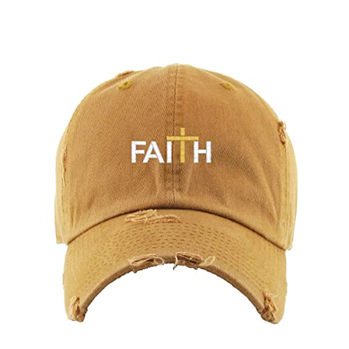 Faith with Cross Vintage Baseball Cap Embroidered Cotton Adjustable Distressed Dad Hat - color: Timberland