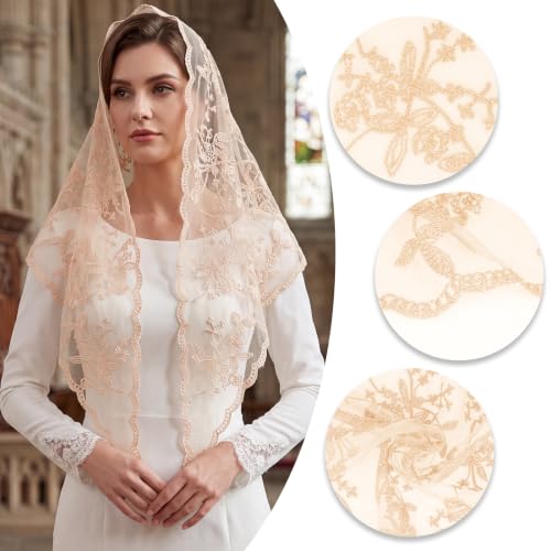 Lystaii Triangle Lace Mantilla Veil Catholic Chapel Head Covering Scarf - color: Champagne