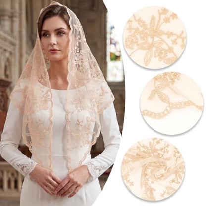 Lystaii Triangle Lace Mantilla Veil Catholic Chapel Head Covering Scarf - color: Champagne