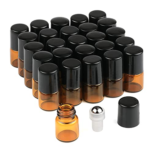 Wresty 25 Pcs Essential Oil Glass Roller Bottles Mini Tiny Refillable Empty Aromatherapy Perfume Liquid Amber Glass Roll On Bottles Vials Metal Rollerball Bottles Jar (1ml)