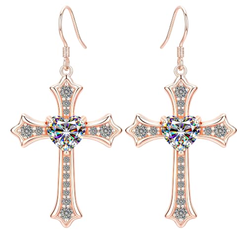 Moissanite S925 Sterling Silver Dainty Cross Drop Dangle Earrings For Women - color: Rose gold