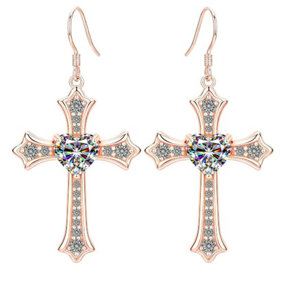 Moissanite S925 Sterling Silver Dainty Cross Drop Dangle Earrings For Women - color: Rose gold