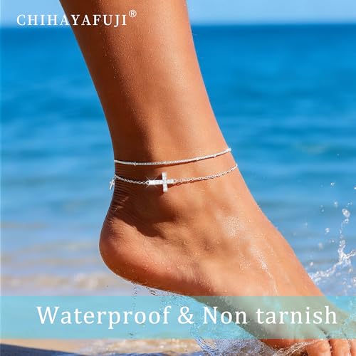 14K Gold/Sterling Silver Plated Ankle Bracelets for Women Waterproof Layered Stackable Sparkly Chain Birthstone Charm Non Tarnish Large Adjustable Birthday Jewelry Gift - color: Silver1