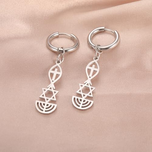 Messianic Seal Dangle Earrings Messianic Seal of Jerusalem Earrings Star of David,Ichthus with Cross,Menorah,Jewish Star Earrings Religious Hanukkah Jewelry Token of Prayer - color: silver2