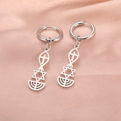 Messianic Seal Dangle Earrings Messianic Seal of Jerusalem Earrings Star of David,Ichthus with Cross,Menorah,Jewish Star Earrings Religious Hanukkah Jewelry Token of Prayer - color: silver2
