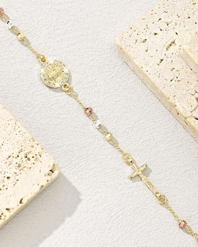 J&H DiaJuvelo Catholic Rosary Bracelet for Women 14K Gold Virgin Mary Rosarios Jesus Cross Charm Link Chain Virgen de Guadalupe Religious Jewelry Gifts for Confirmation Baptism First Communion - style: Gold Rosary E
