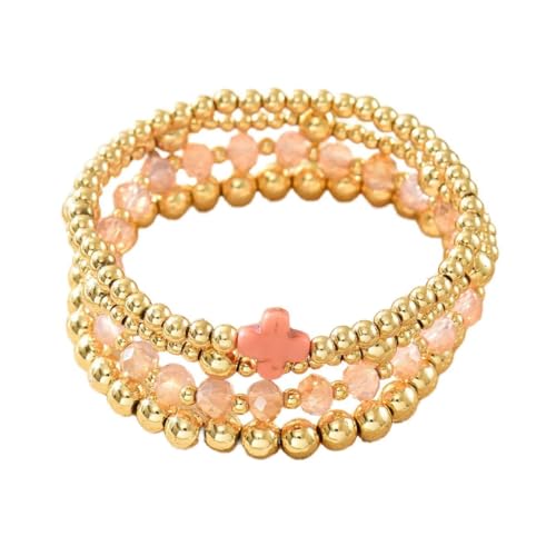 Colorful Cross Charm Bracelets for Women Men Adjustable Gold Plated Beaded Bracelet Boho Bead Ball Stretch Bracelet Birthday Summer Beach Jewelry - color: Pink B