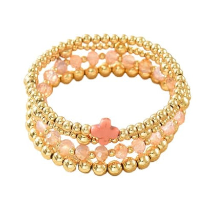 Colorful Cross Charm Bracelets for Women Men Adjustable Gold Plated Beaded Bracelet Boho Bead Ball Stretch Bracelet Birthday Summer Beach Jewelry - color: Pink B