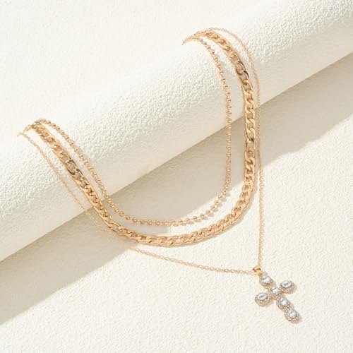 Clover Necklace Dainty Hollow 4 Leaf Choker Necklaces Tiny Cute Pendant Necklaces for Women 18K Gold Plated Lucky Four Leaf Pendant Jewelry - style: 3 layer-big cross