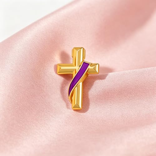 Clergy Gold Cross Lapel Pin with Enamel Ribbon, Christian Religious Brooch Badge, Suit Collar Accessory Faith Gift for Church Staff Believers - color: Purple